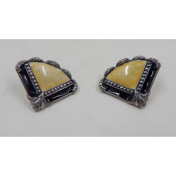 Avon Art Deco Faux Marcasite Pearlized Cream Black Enamel Fan Earrings Pin - Picture 5 of 12